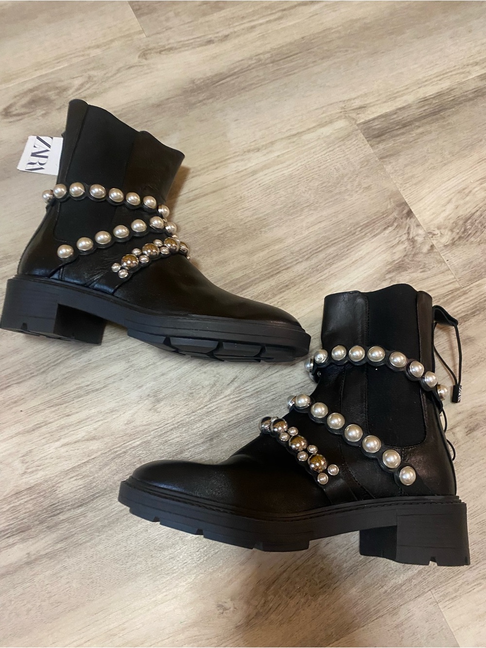 Zara Black Ankle Boots with Silver Pearl & Stud Straps - Picture 10 of 16